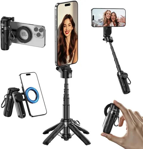 Vista 11 de Mini trípode retráctil para teléfono celular, trípode portátil para selfie stick de viaje con soporte para teléfono celular de control remoto