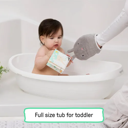 Vista 6 de Ingenuity Sylvi Full Comfort 3 en 1 Grow with Me - Bañera para bebé recién nacido a niño pequeño, eslinga de apoyo, incluye manoplas y libro