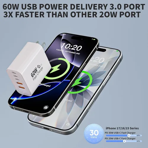Vista 5 de Bloque de cargador de pared para iPhone 17 y 16 tipo C de 60 W, paquete de 2 bloques de carga rápida Apple para iPhone, adaptador de control