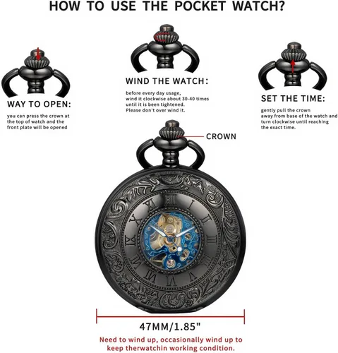 Vista 7 de Relojes mecánicos de bolsillo con números romanos con esfera y cadena para hombre y mujer