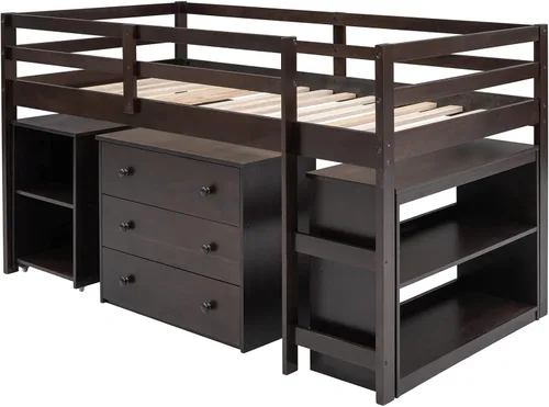 Vista 5 de Base de cama baja de madera con escritorio portátil rodante, cama alta individual con armario abierto y cajones, cama baja con estante para niños