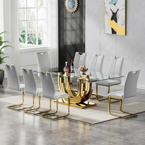 Vista 12 de Juego de mesa de comedor de vidrio de 70 pulgadas para 4, mesa rectangular de cristal dorado con 4 sillas de piel sintética, juego de mesa de Mesa
