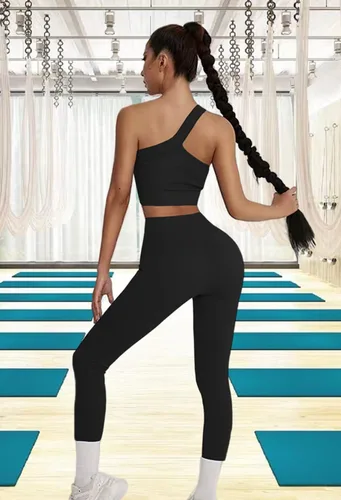 Vista 5 de Conjuntos de entrenamiento para mujer, 2 piezas, sin costuras, sexy, de un hombro, brasier deportivo, pantalones cortos de cintura alta, GMY Yoga