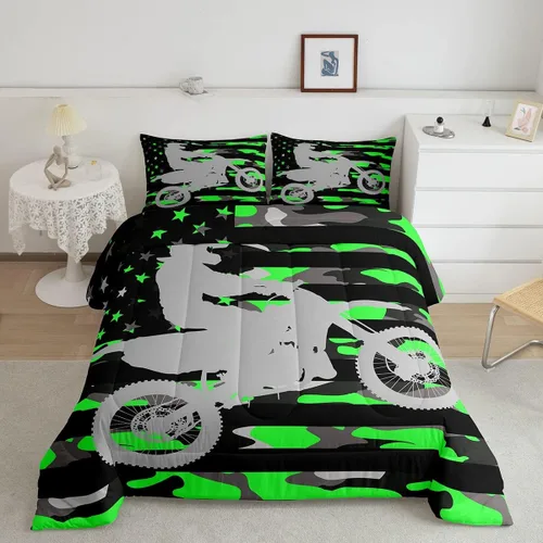 Vista 12 de Feelyou Kids Green Dirt Bike Duvet Insert Twin Size, Extreme Sports Comforter Set Boys Girls Motorbike Bedding Set Teens Bedroom Decor Microfiber
