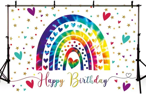 Vista 4 de AIBIIN Fondo de fiesta de cumpleaños de arcoíris bohemio de 7 x 5 pies para niña, feliz primer cumpleaños, fondo de fotografía, colorido amor