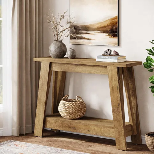 Vista 4 de Tribesigns Mesa consola de granja de 41.3 pulgadas, mesa de entrada de madera de 2 niveles con almacenamiento, rústica estrecha detrás del sofá