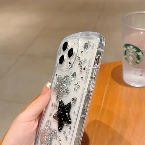 Vista 7 de Compatible con iPhone 11 Pro Funda Transparente Bonita con Diseño de Estrella con Purpurina en 3D con Perlas y Pulsera de Perlas, Diseño de Cadena