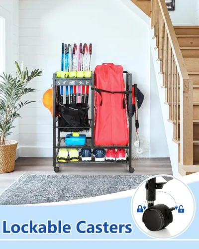 Vista 4 de Mythinglogic Estante de almacenamiento para bolsas de tenis, raqueta de tenis y organizador de pelotas, soporte para equipo de tenis para garaje