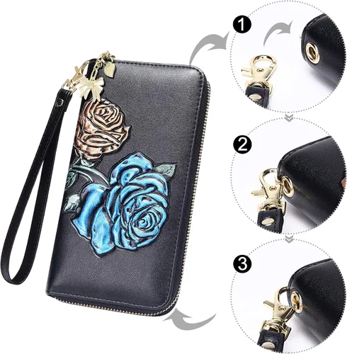Vista 6 de FEITH & FELLY - Cartera con bloqueo RFID para mujer, de cuero grabado en relieve, talla única