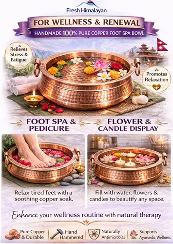 Vista 3 de Cuenco de spa de pies de cobre puro de 11 a 12 pulgadas hecho a mano Nepalí Khadkulo, lavabo de pedicura de cobre martillado para remojo de pies