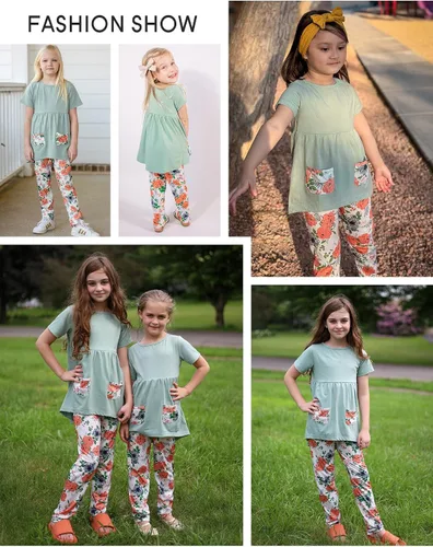Vista 6 de Arshiner Conjunto de 2 piezas de pantalones y pantalones con estampado floral para niñas pequeñas Verde liso/Naranja Floral