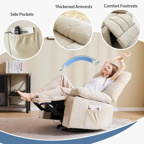 Vista 7 de DUMOS Rocker - Silla reclinable giratoria con masaje por vibración y calefacción lumbar, sillón reclinable de tela de felpilla giratoria de 270°