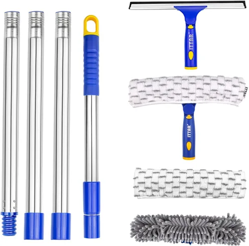 Vista 10 de Kit de limpieza de escobilla de ventana con poste de extensión de 60 pulgadas y cabezal giratorio 2 x 11" Microfiber Pads & 12" Rubber Blade Glass