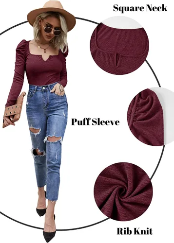 Vista 3 de Valphsio Womens Puff Long Sleeve Top Ribbed Knit Slim T Shirt Square Neck Solid Blouse