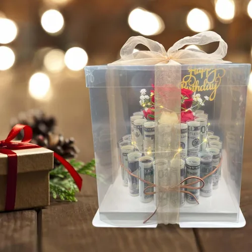 Vista 5 de Cajas de regalo en efectivo, caja de regalo de feliz cumpleaños, caja de regalo de dinero, pastel de flores falsas, caja de regalo de cumpleaños
