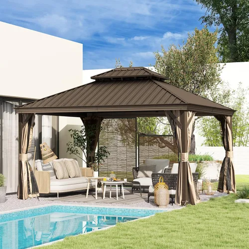 Vista 39 de Domi - Cenador de techo rígido de 8 x 8 pies con malla y cortinas, cenador para exteriores con techo doble de acero galvanizado para patio, césped