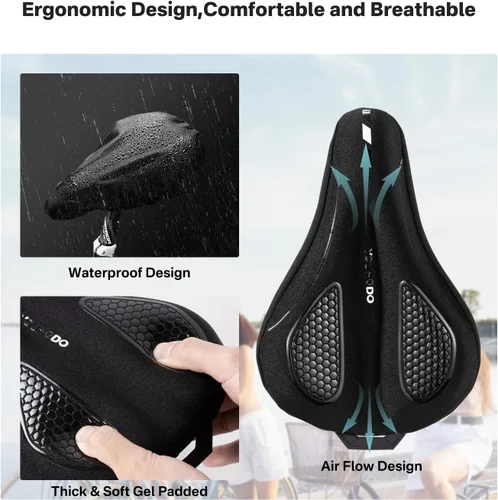 Vista 3 de YOUNGDO Cojín de asiento de bicicleta con funda impermeable, almohadilla de asiento de bicicleta de gel para sillín estrecho, absorción de golpes