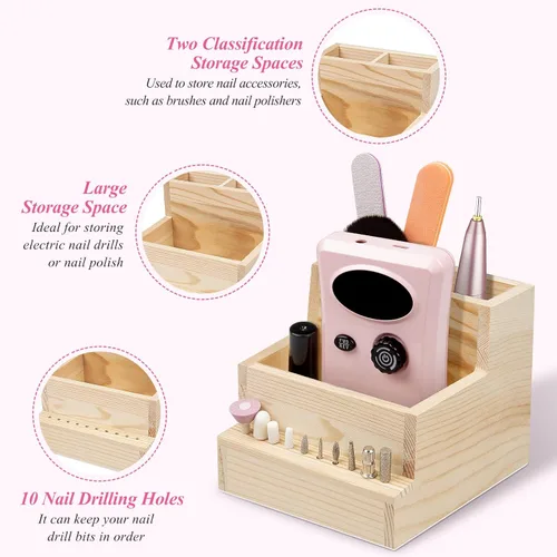 Vista 3 de Soporte para brocas de uñas, 10 agujeros de madera, caja de almacenamiento de exhibición, organizador de brocas para uso doméstico o salón de uñas