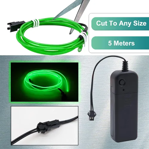 Vista 2 de Ourbest Kit de cable de tira de luz de neón electroluminiscente, 16.4 ft, 2 unidades, cable EL, cable electroluminiscente, con batería para cosplay