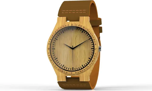 Vista 6 de Reloj hecho a mano de bambú hecho con petroglifos hawaianos y correa de cuero de vaca marca Kahala - HGW-26B39