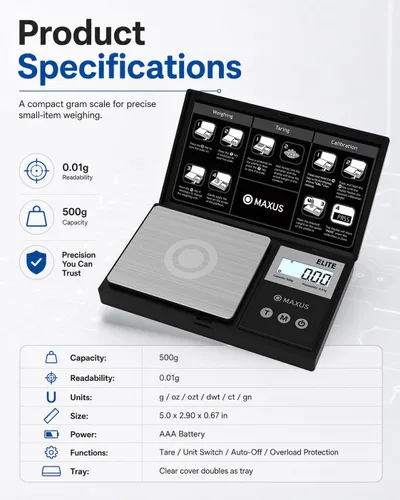 Vista 9 de MAXUS - Báscula de bolsillo digital de gramos 500 g x 0,01 g de alta precisión con bandeja, pesa alimentos pequeños, joyas, onzas, granos, pantalla