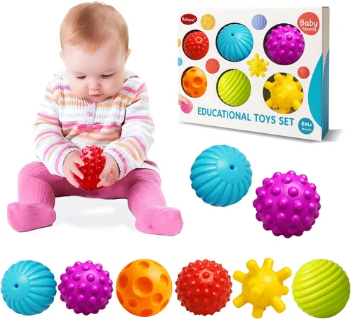 Vista 21 de Pelotas sensoriales, juguetes Montessori con sonajero de bebé de 3 a 6 meses 6 Multiple Textured Stress Balls with Blue Rattle, Bright