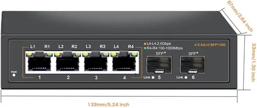 Vista 7 de Interruptor Ethernet no administrado de 2.5G con 4 puertos Base-T de 2.5G y 2 puertos de enlace ascendente SFP+ de 10G, compatible
