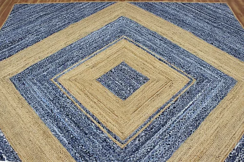 Vista 7 de Collection - Alfombra rectangular de 2 x 3 pies, alfombra trenzada azul de algodón y yute, alfombra geométrica kilim para interiores y exteriores