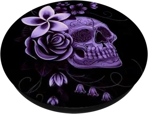 Vista 2 de Calaveras de calaveras negras con diseño de flores, calaveras, huesos y soporte para teléfonos y tabletas