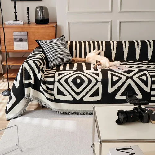 Vista 34 de VClife Funda bohemia de felpilla para sofá, apta para mascotas, gruesa, beige, crema, blanco, a cuadros, triangular, con borlas, agradable a