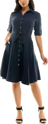Vista 6 de Sharagano Vestido camisero plisado para mujer, manga 3/4, cuello en V, botones dorados Acacia