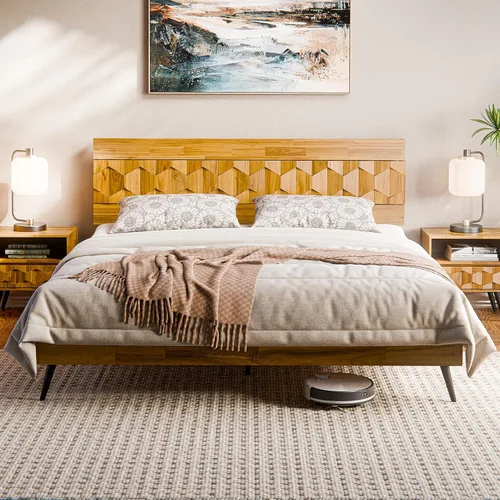 Vista 9 de Bme Georgina - Marco de cama tamaño Queen con cabecero y diseño geométrico artesanal distintivo, diseño con patente estadounidense pendiente, madera