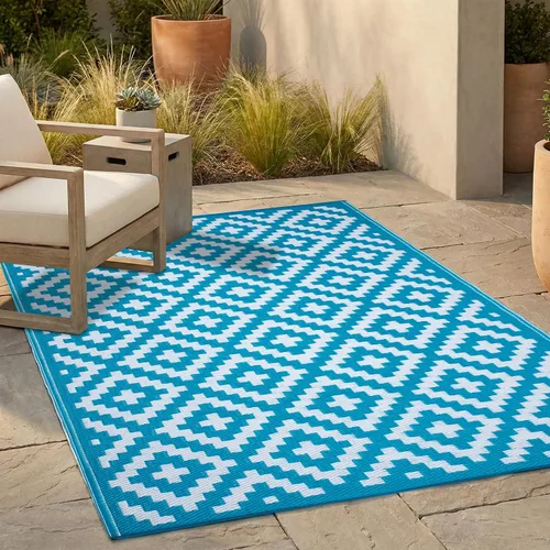 Vista 20 de FH Home - Alfombra para exteriores, impermeable, resistente a la decoloración, reversible, plástico reciclado de alta calidad, acabado geométrico