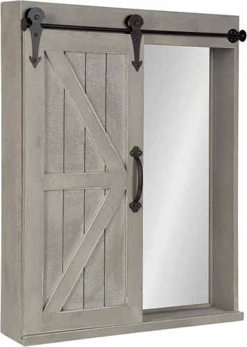 Vista 5 de Kate and Laurel Cates - Armario decorativo de madera para almacenamiento de pared con espejo rectangular y puerta corrediza de granero, 22 x 28 Gris