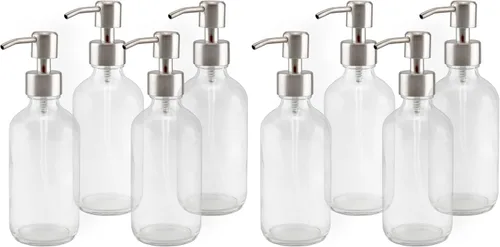 Vista 10 de Cornucopia Brands Botellas de vidrio transparente de 8 onzas con bombas de loción de acero inoxidable (paquete de 4); dispensadores de bomba