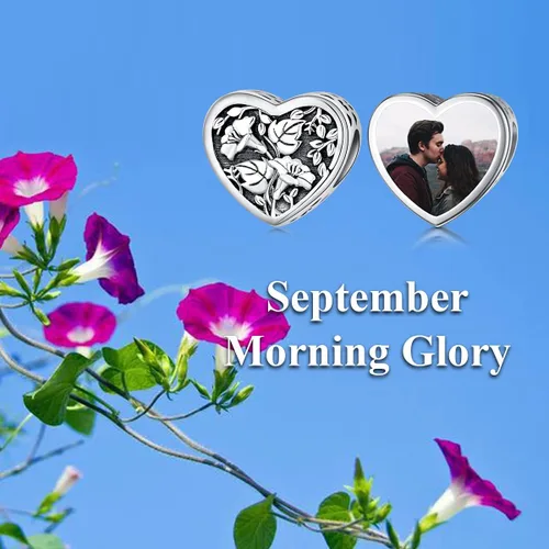Vista 5 de PEIMKO Abalorio personalizado con diseño de corazón de flor de nacimiento, plata de ley, mes de nacimiento, flores, corazón, imagen, abalorio