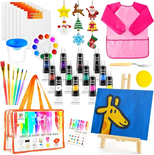 Vista 10 de POPYOLA Juego de pintura acrílica para niños, juego de pintura no tóxica para niños con caballete de mesa, pinturas acrílicas, bata, lienzos