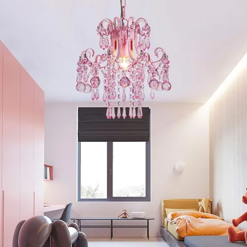 Vista 3 de Q&S Mini Lámpara de Araña de Cristal, Lámpara de Araña Rosa Moderna, Pequeña Lámpara Colgante para Habitación de Princesa, Vestidor, Baño, Tienda