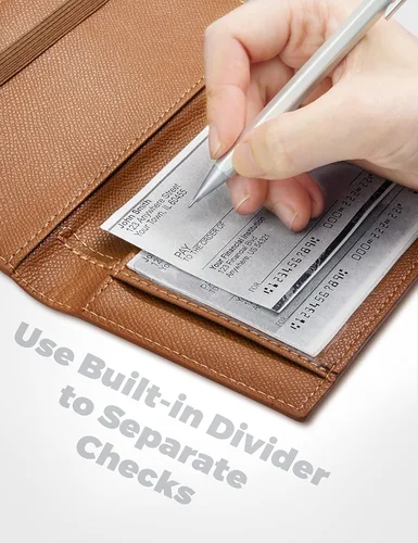 Vista 7 de Yarnic Funda para chequera personal, soporte para chequera con soporte para bolígrafo y divisor de plástico transparente integrado para cheques