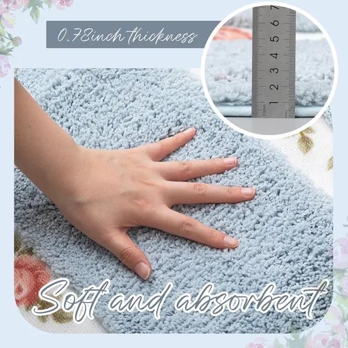 Vista 4 de Drydiet Juego de 3 alfombras de baño con rosas y flores, decoración de habitación, alfombra de baño floral en forma de U, antideslizante, Azul