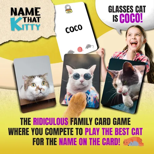 Vista 2 de Name that Kitty - Divertido juego de gatos para niños que es ideal para la noche de juegos en familia Juguete con temática de gato de 100 cartas