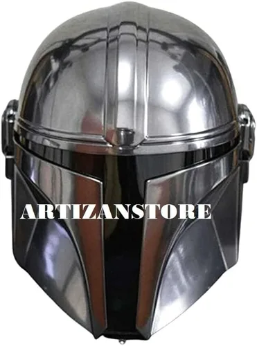 Vista 2 de ARTIZANSTORE Casco medieval LARP de acero con forro y correa de cuero, casco de película de Star Wars, disfraz de Halloween, plateado