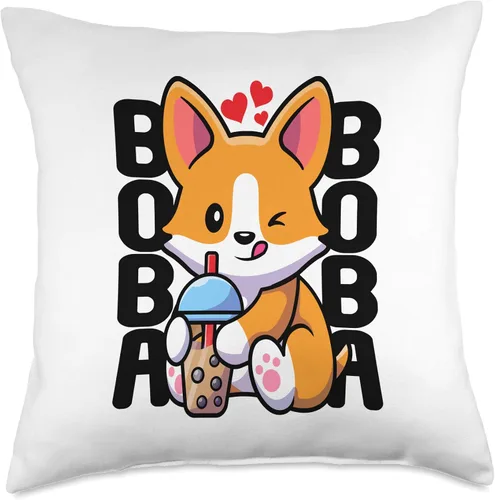 Vista 5 de Adorable Corgi Doggy Furry Mammals Pedigree Canine Kawaii Boba Dog Corgi Drink Lindo Anime Bubble Tea - Almohada de corazón, 16 x 16 pulgadas