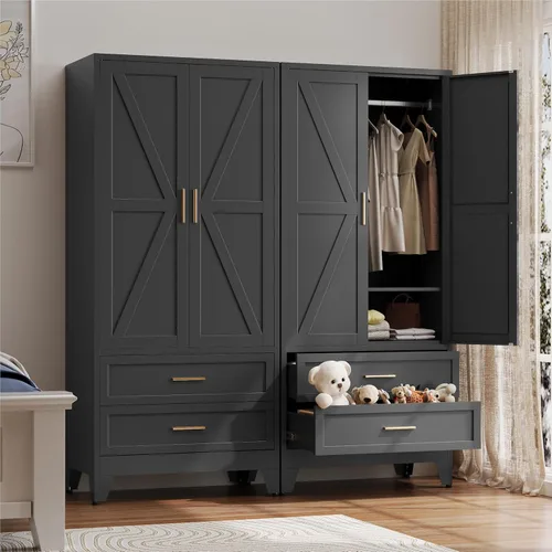 Vista 15 de Baborokic Armario de metal con barra para colgar, armario grande de 71" con estantes y puertas ajustables, armarios de oficina de metal estilo Negro