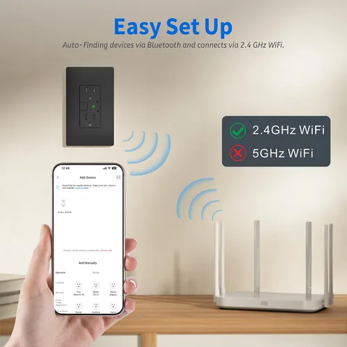 Vista 2 de Enchufe Eléctrico Inteligente Negro, Enchufe Wi-Fi Inteligente con Control Individual, Receptáculo de 15Amp con Control Remoto, Compatible