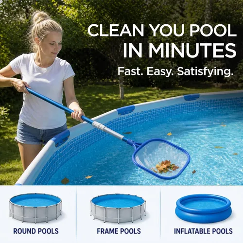 Vista 5 de FibroPool Kit de mantenimiento de piscina sobre el suelo – Poste telescópico, red desnatadora de hojas, cabezal de vacío, cepillo de piscina
