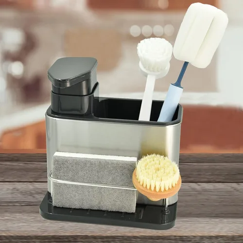 Vista 4 de Dispensador de jabón para fregadero de cocina y baño con soporte para esponja y soporte para cepillo, dispensador de jabón para platos