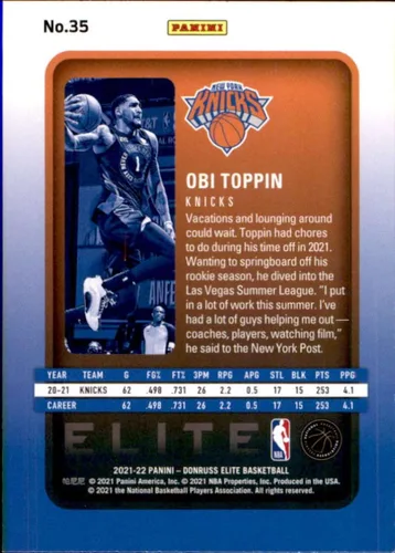 Vista 2 de 2021-22 Donruss Elite #35 Obi Toppin New York Knicks Basketball Card