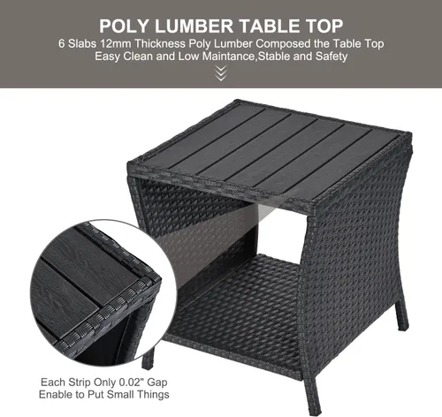 Vista 5 de Mesa auxiliar de patio al aire libre, pequeña mesa auxiliar de mimbre negro para almacenamiento exterior, mesa de centro con mesa de madera