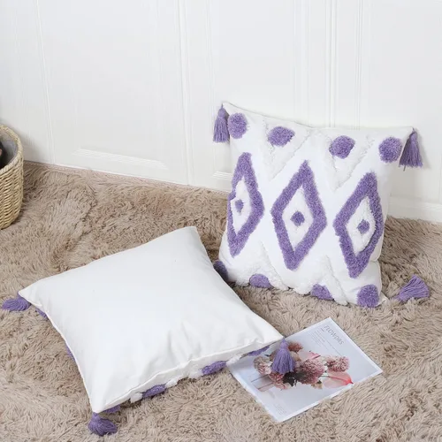Vista 6 de ANGELLOONG Fundas de almohada de color morado claro y blanco, fundas de almohada de lavanda para cama, fundas de almohada modernas con borlas